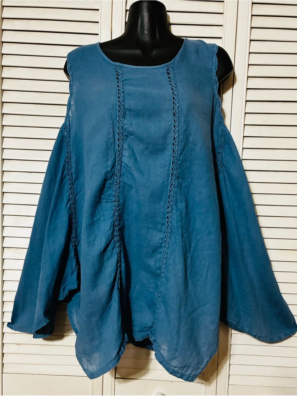 Women’s Teal Blue Cold-Shoulder Tunic with Ladder Lace Detail